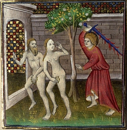 Adam and Eve are driven out from Eden by an angry angel with a sword.