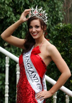A Miss England winner who is a soldier in a red dress